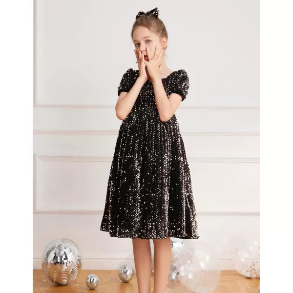 GRACE KARIN Girls Sequin Dress Short Sleeve Sparkly Princess Party Maxi Dress 512YBlack Golden