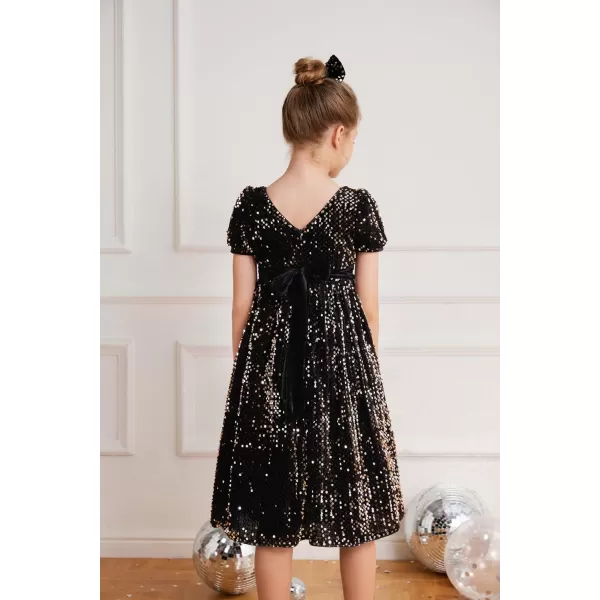 GRACE KARIN Girls Sequin Dress Short Sleeve Sparkly Princess Party Maxi Dress 512YBlack Golden