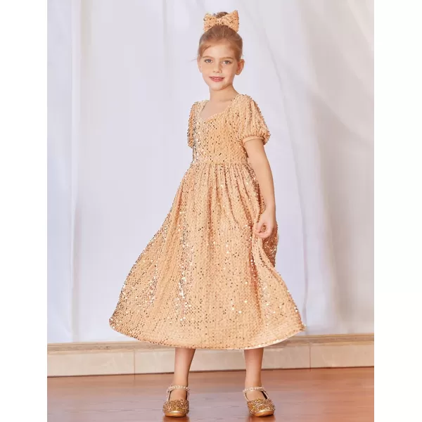 GRACE KARIN Girls Sequin Dress Short Sleeve Sparkly Princess Party Maxi Dress 512YChampagne