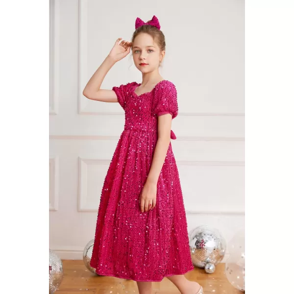 GRACE KARIN Girls Sequin Dress Short Sleeve Sparkly Princess Party Maxi Dress 512YHot Pink
