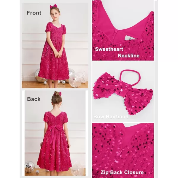 GRACE KARIN Girls Sequin Dress Short Sleeve Sparkly Princess Party Maxi Dress 512YHot Pink