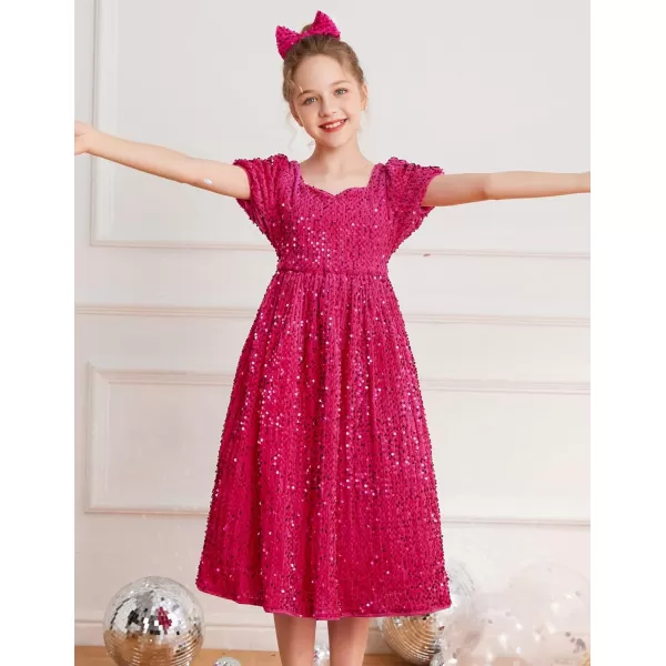 GRACE KARIN Girls Sequin Dress Short Sleeve Sparkly Princess Party Maxi Dress 512YHot Pink