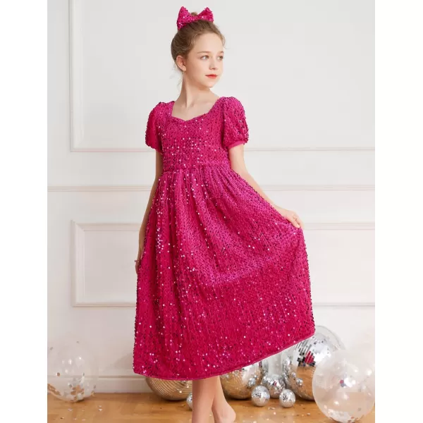 GRACE KARIN Girls Sequin Dress Short Sleeve Sparkly Princess Party Maxi Dress 512YHot Pink