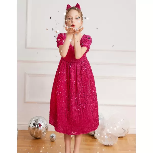 GRACE KARIN Girls Sequin Dress Short Sleeve Sparkly Princess Party Maxi Dress 512YHot Pink