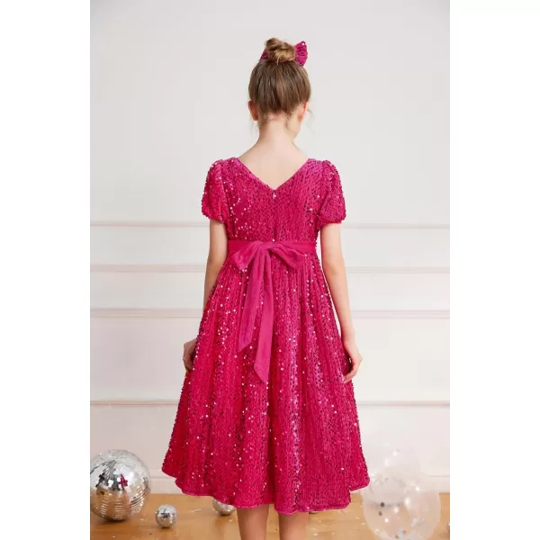 GRACE KARIN Girls Sequin Dress Short Sleeve Sparkly Princess Party Maxi Dress 512YHot Pink