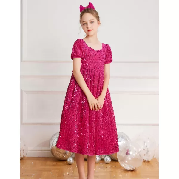 GRACE KARIN Girls Sequin Dress Short Sleeve Sparkly Princess Party Maxi Dress 512YHot Pink