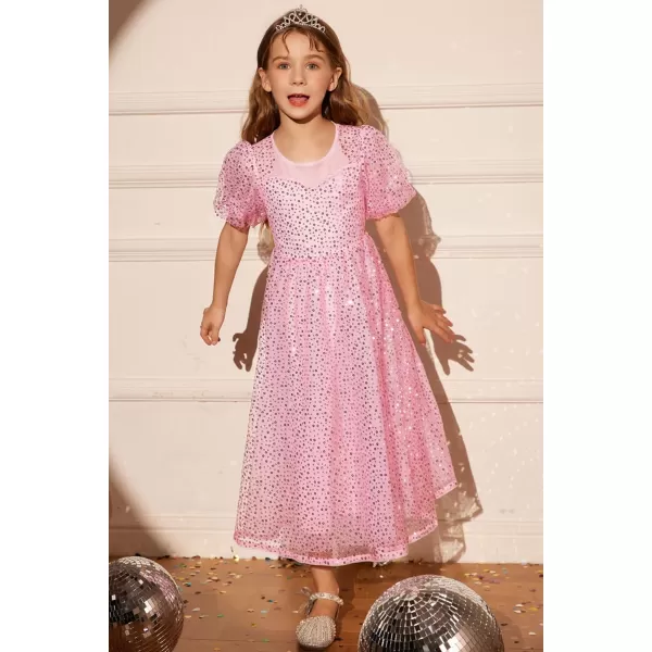 GRACE KARIN Girls Sequin Dress Short Sleeve Sparkly Princess Party Maxi Dress 512YPink