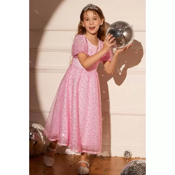 GRACE KARIN Girls Sequin Dress Short Sleeve Sparkly Princess Party Maxi Dress 512YPink