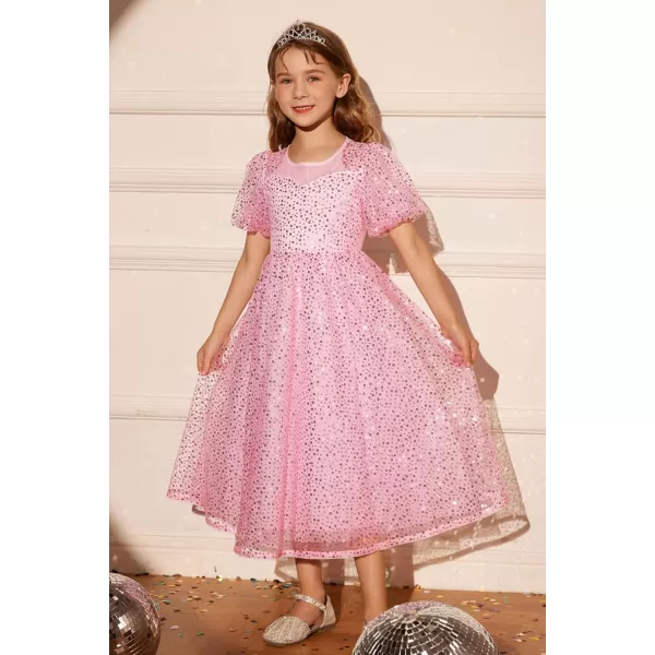 GRACE KARIN Girls Sequin Dress Short Sleeve Sparkly Princess Party Maxi Dress 512YPink