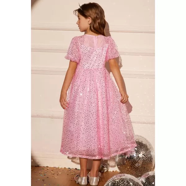 GRACE KARIN Girls Sequin Dress Short Sleeve Sparkly Princess Party Maxi Dress 512YPink