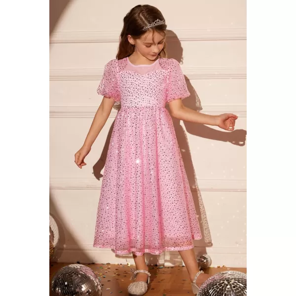 GRACE KARIN Girls Sequin Dress Short Sleeve Sparkly Princess Party Maxi Dress 512YPink