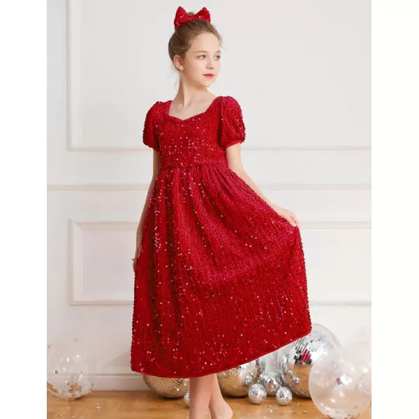 GRACE KARIN Girls Sequin Dress Short Sleeve Sparkly Princess Party Maxi Dress 512YRed