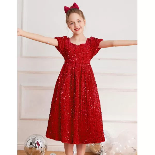 GRACE KARIN Girls Sequin Dress Short Sleeve Sparkly Princess Party Maxi Dress 512YRed