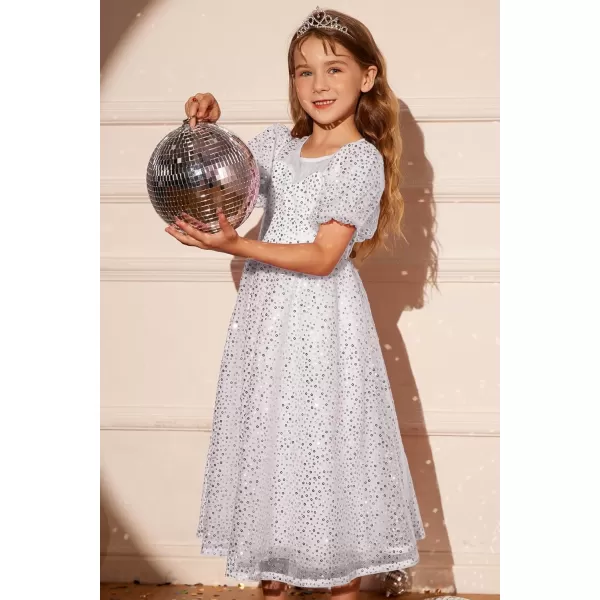 GRACE KARIN Girls Sequin Dress Short Sleeve Sparkly Princess Party Maxi Dress 512YSilver