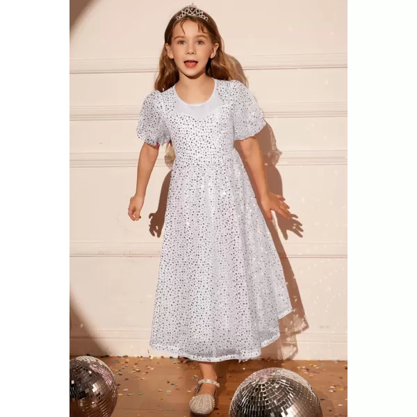 GRACE KARIN Girls Sequin Dress Short Sleeve Sparkly Princess Party Maxi Dress 512YSilver