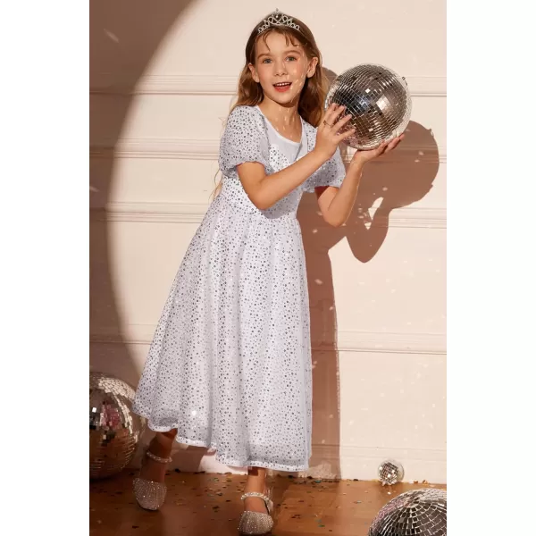 GRACE KARIN Girls Sequin Dress Short Sleeve Sparkly Princess Party Maxi Dress 512YSilver