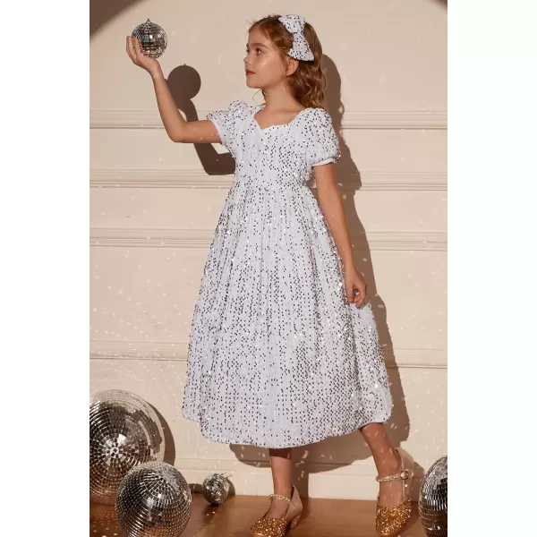 GRACE KARIN Girls Sequin Dress Short Sleeve Sparkly Princess Party Maxi Dress 512YWhite