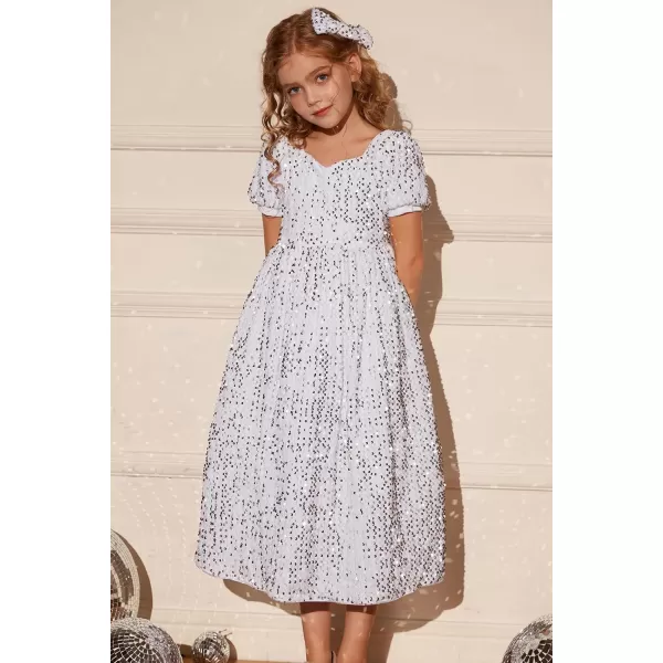 GRACE KARIN Girls Sequin Dress Short Sleeve Sparkly Princess Party Maxi Dress 512YWhite