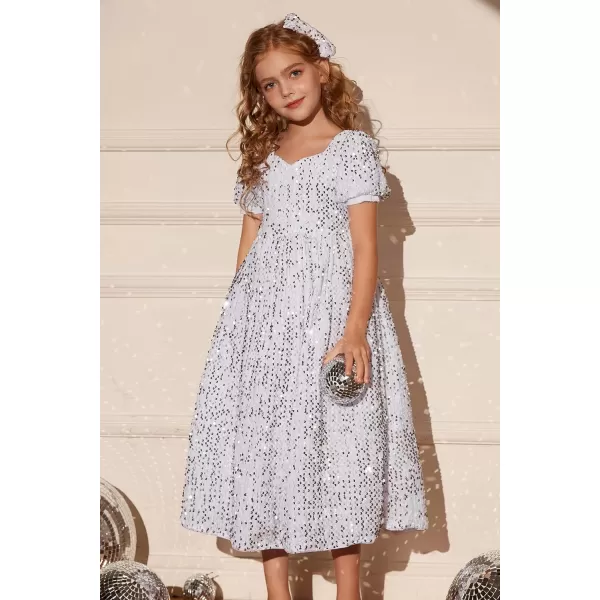 GRACE KARIN Girls Sequin Dress Short Sleeve Sparkly Princess Party Maxi Dress 512YWhite