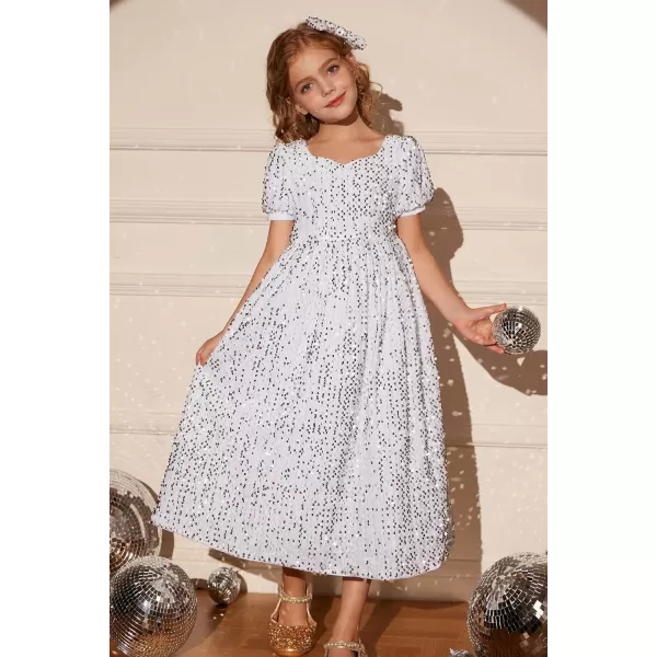 GRACE KARIN Girls Sequin Dress Short Sleeve Sparkly Princess Party Maxi Dress 512YWhite