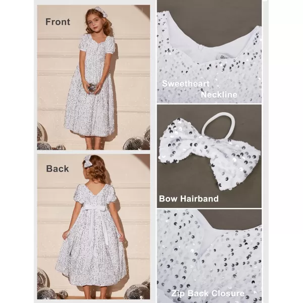 GRACE KARIN Girls Sequin Dress Short Sleeve Sparkly Princess Party Maxi Dress 512YWhite