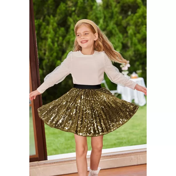 GRACE KARIN Girls Sequin Skirt Elastic Waist Sparkle Pleated Skirt for Party 512YDark Golden