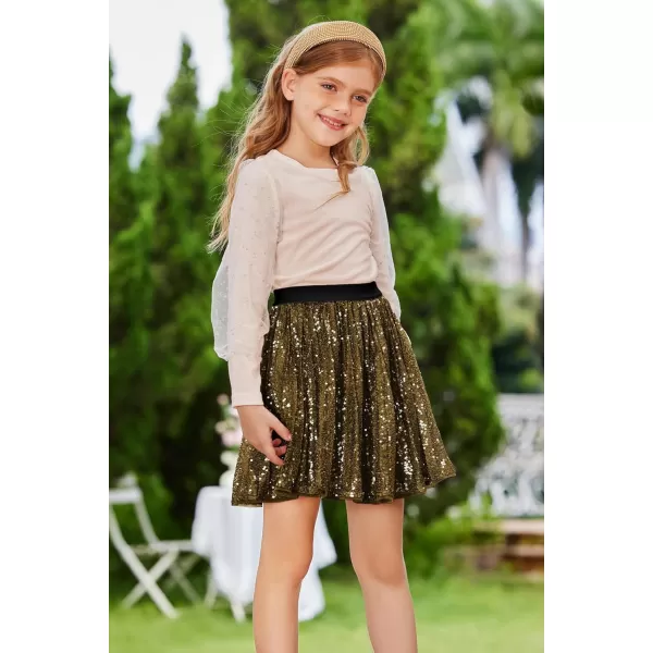 GRACE KARIN Girls Sequin Skirt Elastic Waist Sparkle Pleated Skirt for Party 512YDark Golden