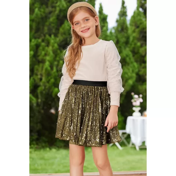 GRACE KARIN Girls Sequin Skirt Elastic Waist Sparkle Pleated Skirt for Party 512YDark Golden