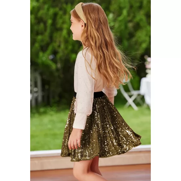 GRACE KARIN Girls Sequin Skirt Elastic Waist Sparkle Pleated Skirt for Party 512YDark Golden