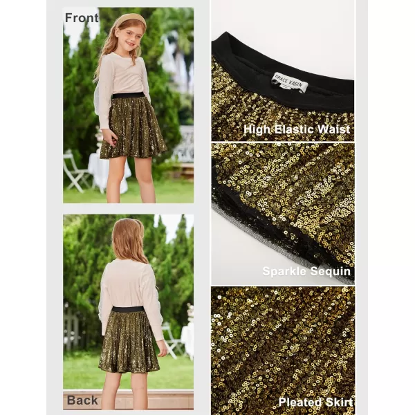 GRACE KARIN Girls Sequin Skirt Elastic Waist Sparkle Pleated Skirt for Party 512YDark Golden