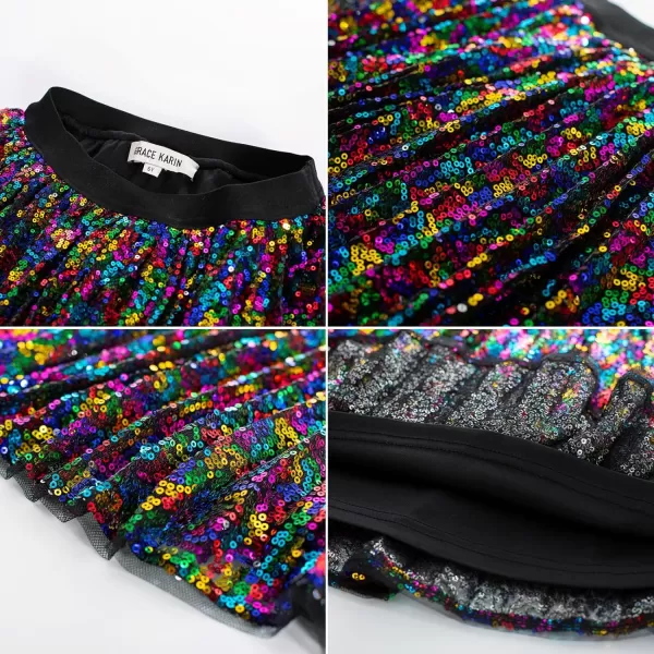 GRACE KARIN Girls Sequin Skirt Elastic Waist Sparkle Pleated Skirt for Party 512YMulticolor