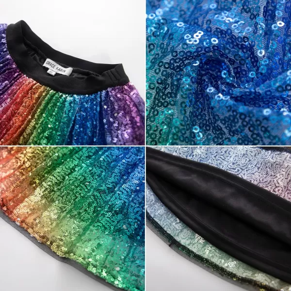 GRACE KARIN Girls Sequin Skirt Elastic Waist Sparkle Pleated Skirt for Party 512YRainbow