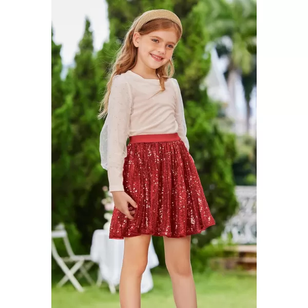 GRACE KARIN Girls Sequin Skirt Elastic Waist Sparkle Pleated Skirt for Party 512YRed