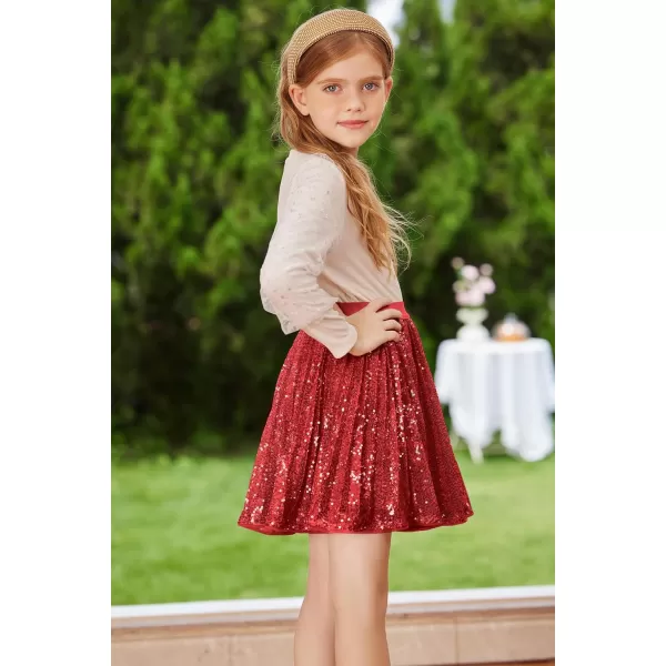 GRACE KARIN Girls Sequin Skirt Elastic Waist Sparkle Pleated Skirt for Party 512YRed