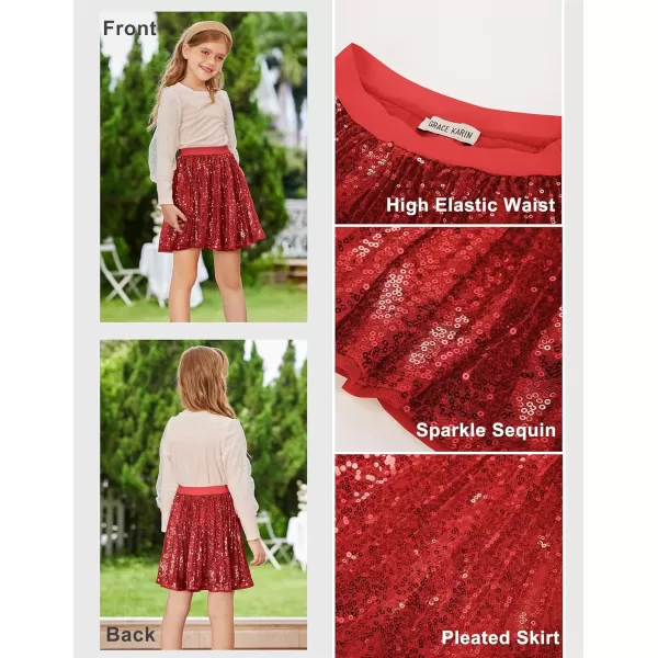 GRACE KARIN Girls Sequin Skirt Elastic Waist Sparkle Pleated Skirt for Party 512YRed