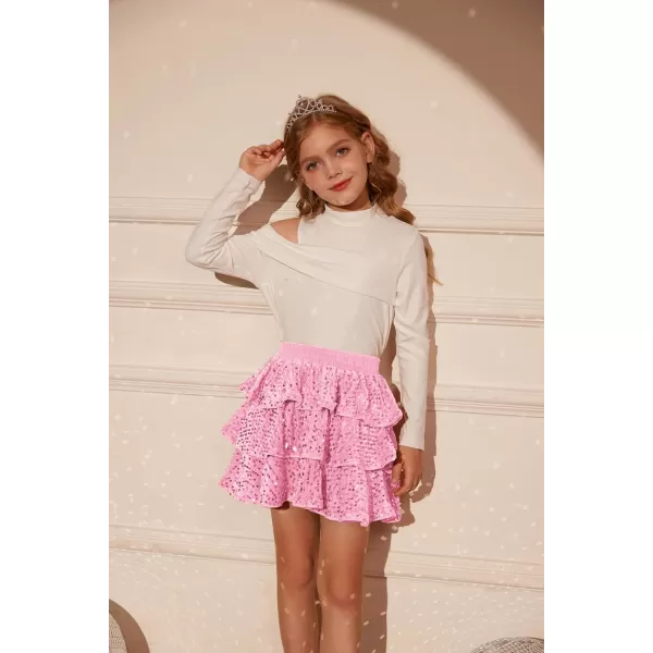 GRACE KARIN Girls Sequin Skirt Girls Fashion Party Three Layer Ruffle Skirt 514YPink