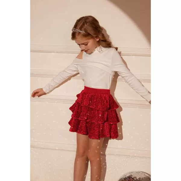 GRACE KARIN Girls Sequin Skirt Girls Fashion Party Three Layer Ruffle Skirt 514YRed