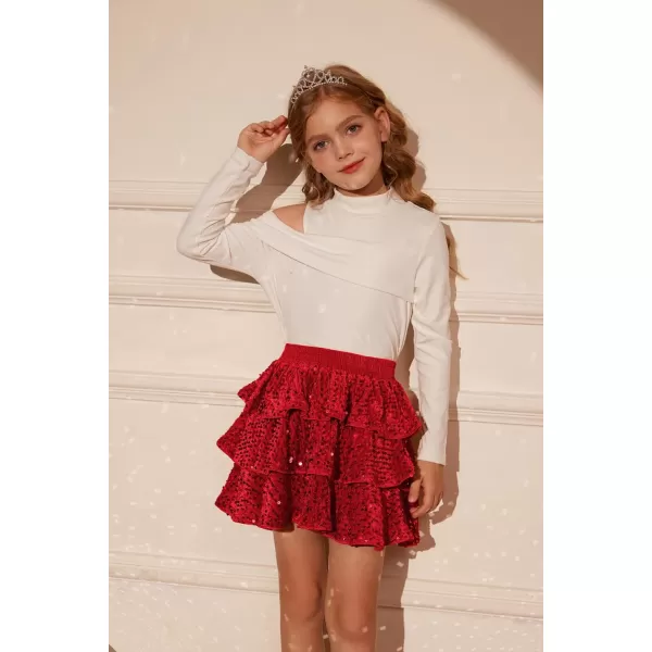 GRACE KARIN Girls Sequin Skirt Girls Fashion Party Three Layer Ruffle Skirt 514YRed