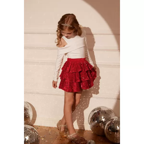 GRACE KARIN Girls Sequin Skirt Girls Fashion Party Three Layer Ruffle Skirt 514YRed