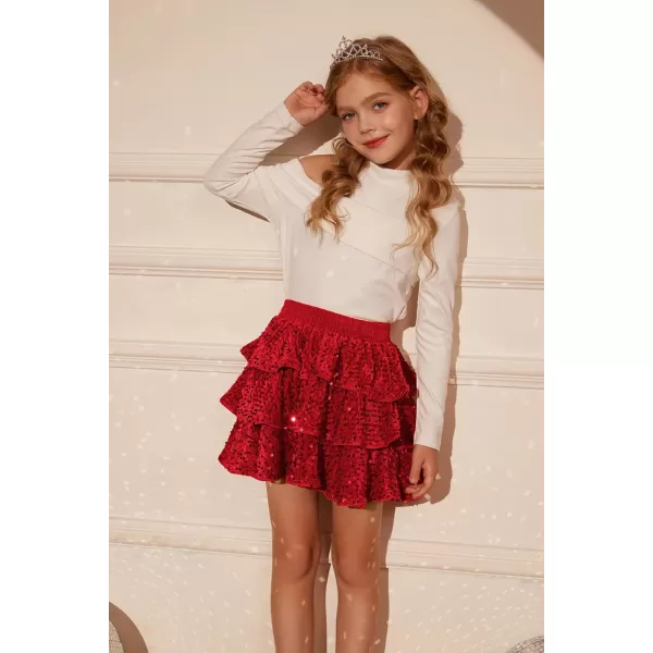 GRACE KARIN Girls Sequin Skirt Girls Fashion Party Three Layer Ruffle Skirt 514YRed