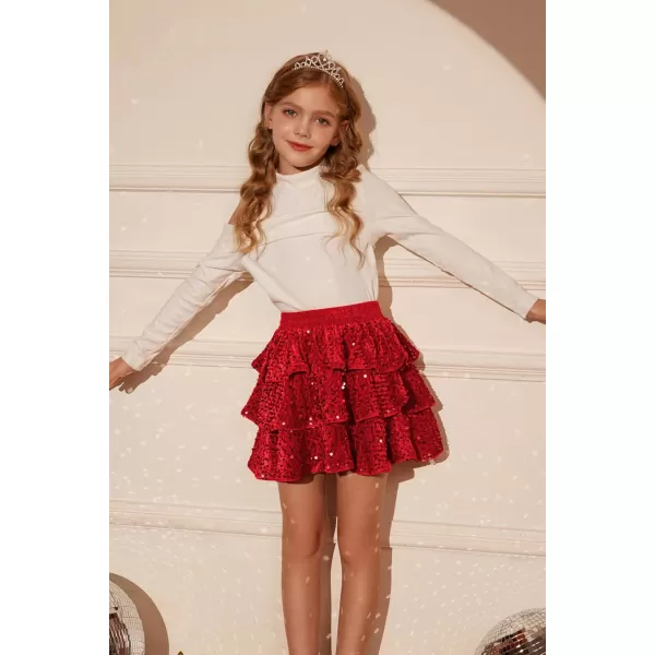 GRACE KARIN Girls Sequin Skirt Girls Fashion Party Three Layer Ruffle Skirt 514YRed