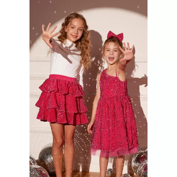 GRACE KARIN Girls Sequin Skirt Girls Fashion Party Three Layer Ruffle Skirt 514YRose Red