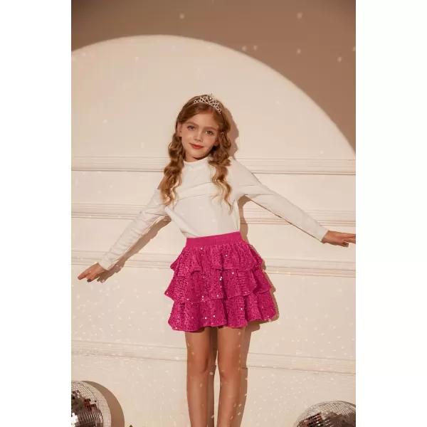 GRACE KARIN Girls Sequin Skirt Girls Fashion Party Three Layer Ruffle Skirt 514YRose Red