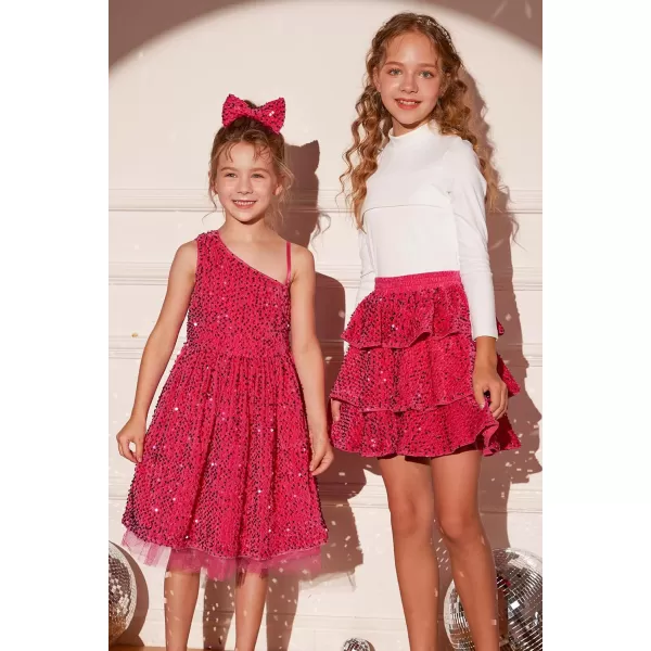 GRACE KARIN Girls Sequin Skirt Girls Fashion Party Three Layer Ruffle Skirt 514YRose Red