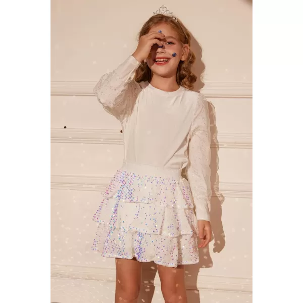 GRACE KARIN Girls Sequin Skirt Girls Fashion Party Three Layer Ruffle Skirt 514YWhite