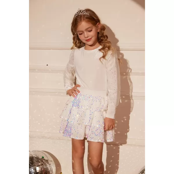 GRACE KARIN Girls Sequin Skirt Girls Fashion Party Three Layer Ruffle Skirt 514YWhite