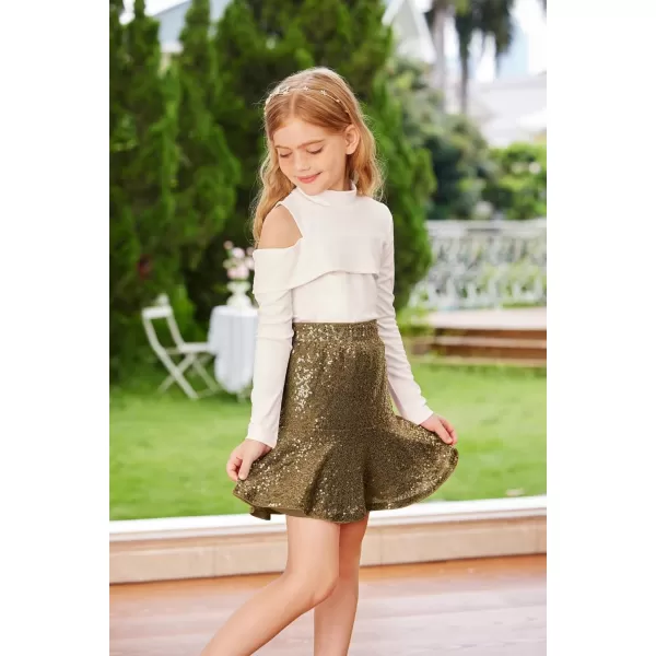 GRACE KARIN Girls Sequin Skirt Ruffle Hem High Waist Pencil Skirt for Party 512YGold on Black