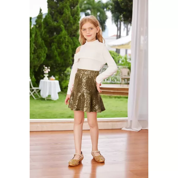 GRACE KARIN Girls Sequin Skirt Ruffle Hem High Waist Pencil Skirt for Party 512YGold on Black