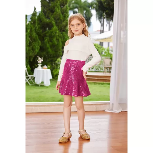 GRACE KARIN Girls Sequin Skirt Ruffle Hem High Waist Pencil Skirt for Party 512YRose Red