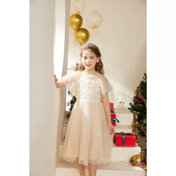 GRACE KARIN Girls Sequin Tulle Mesh Dress Ruffle Party Weeding Flower Shirred Tutu Dress 512Cream